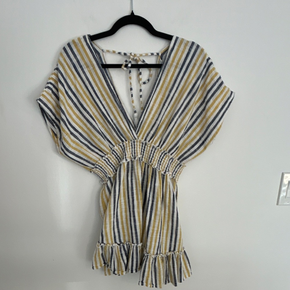 Blue Island Womens Large Striped Cotton Yellow Navy White Front Tie Boho Top